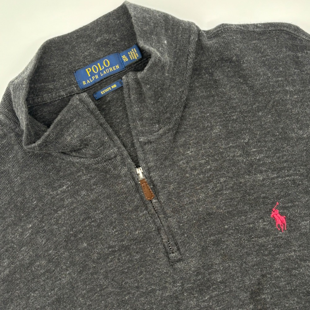 Polo Ralph Lauren Estate Rib Quarter Zip Pullover Gray Pink Pony XL‎
